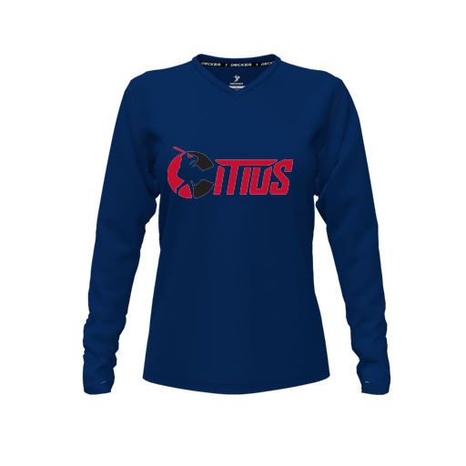[CUS-DFW-TEES-CMF-VNK-LSL-NVY-FYXS-LOGO2] Comfort T-Shirt (Female Youth XS, Navy, V Neck, Logo 2, Long Sleeve)