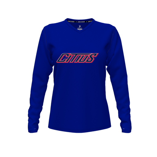 [CUS-DFW-TEES-CMF-VNK-LSL-RYL-FYXS-LOGO3] Comfort T-Shirt (Female Youth XS, Royal, V Neck, Logo 3, Long Sleeve)
