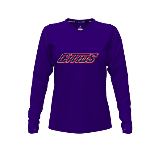 [CUS-DFW-TEES-CMF-VNK-LSL-PUR-FYXS-LOGO3] Comfort T-Shirt (Female Youth XS, Purple, V Neck, Logo 3, Long Sleeve)