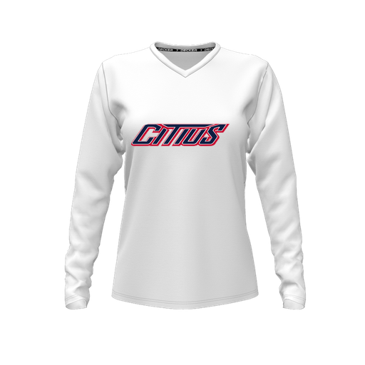 [CUS-DFW-TEES-PER-VNK-LSL-WHT-FYXS-LOGO3] Performance T-Shirt (Female Youth XS, White, V Neck, Logo 3, Long Sleeve)