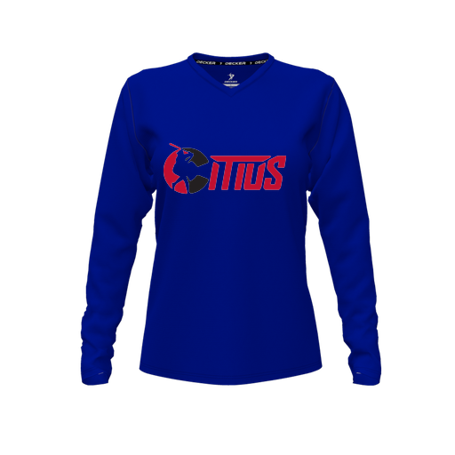 [FTLVPTRY-FYXS-LOGO2] Decker Performance T-Shirt (Female Youth XS, Royal, V Neck, Logo 2, Long Sleeve)