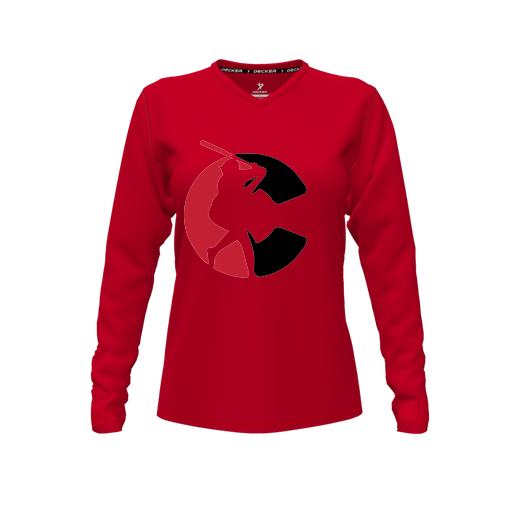 [CUS-DFW-TEES-PER-VNK-LSL-RED-FYXS-LOGO1] Decker Performance T-Shirt (Female Youth XS, Red, V Neck, Logo 1, Long Sleeve)