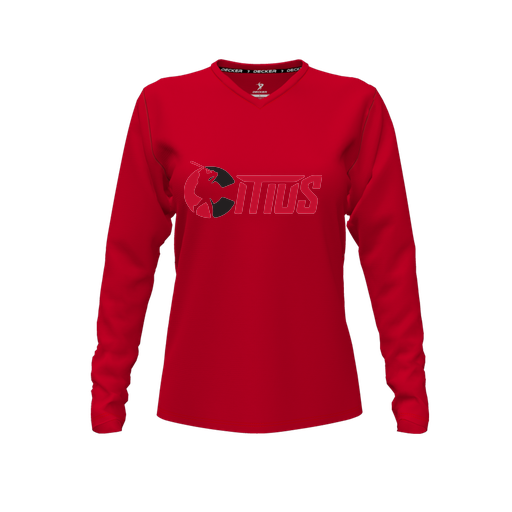 [CUS-DFW-TEES-PER-VNK-LSL-RED-FYXS-LOGO2] Performance T-Shirt (Female Youth XS, Red, V Neck, Logo 2, Long Sleeve)