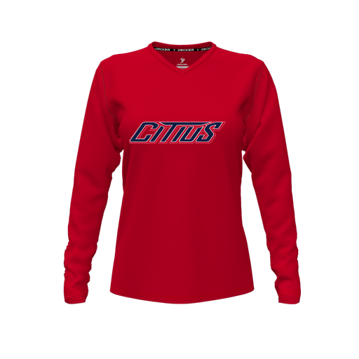[CUS-DFW-TEES-PER-VNK-LSL-RED-FYXS-LOGO3] Performance T-Shirt (Female Youth XS, Red, V Neck, Logo 3, Long Sleeve)